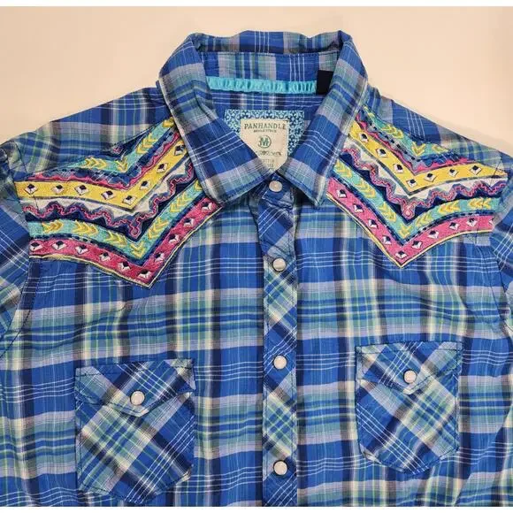 Panhandle Rough Stock Plaid Western Shirt M Embroidered Snap - Picture 6 of 14